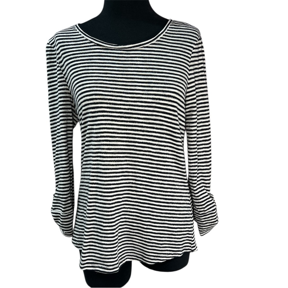 Chico's Metallic Striped Scoop Neck Tee The Ultimate Tee Black White Silver